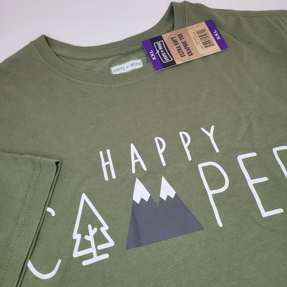 State of Mine Happy Camper Graphic Tee Mens XXL Olive Green New Camping Shirt